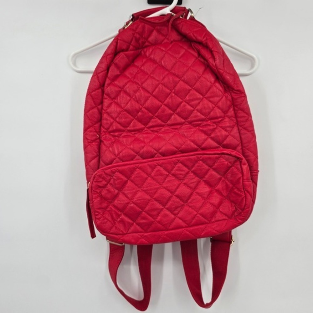 Red Quilted Faux‎ Leather Mini Backpack Purse Drawstring Gold Tone Accents